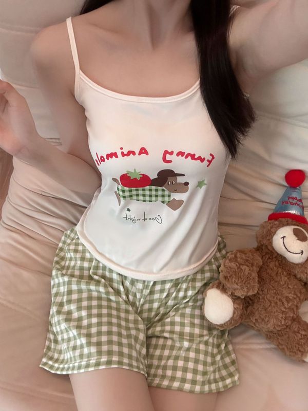 女性用胸パッド付きピュアデューティパジャマ、サマーサスペンダーイン韓国風ベストショーツ、夏に屋外で着用可能、ホームウェアセット|undefined