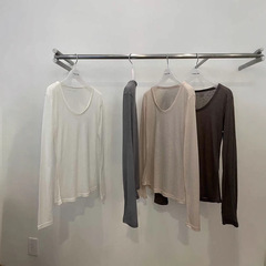 今H韓国東大門クリームヴィラ同スタイル重ね着透けUネックテンセルウール長袖Tシャツベストハンギング