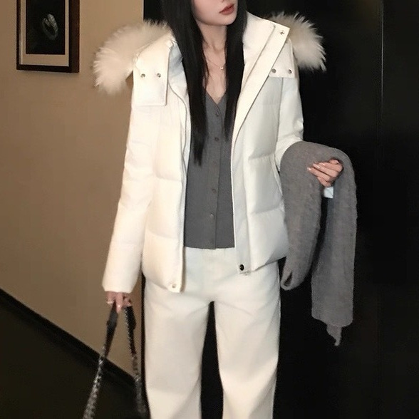 Ancient White Moonlight 90 White Duck down Waist-Cinching Raccoon Fur Collar down Jacket Ancient White Moonlight 90 White Duck down Waist-Cinching Raccoon Fur Collar down Jacket