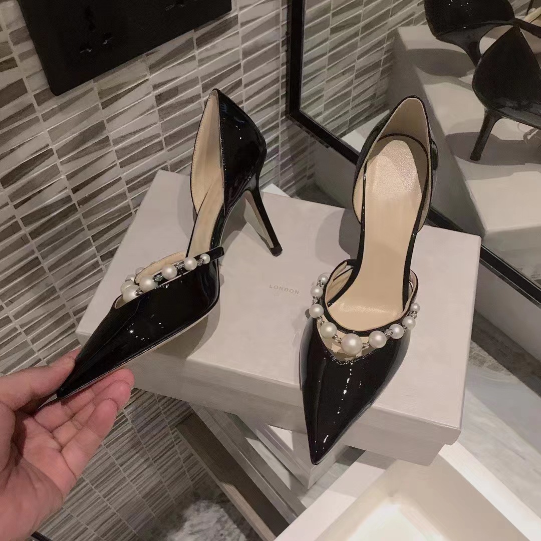 Version JC Chaussures pointues en cuir verni à talons hauts, talon fin, bride en perles, bouche peu profonde, chaussures simples creuses, sandales à bout fermé_voghion.com