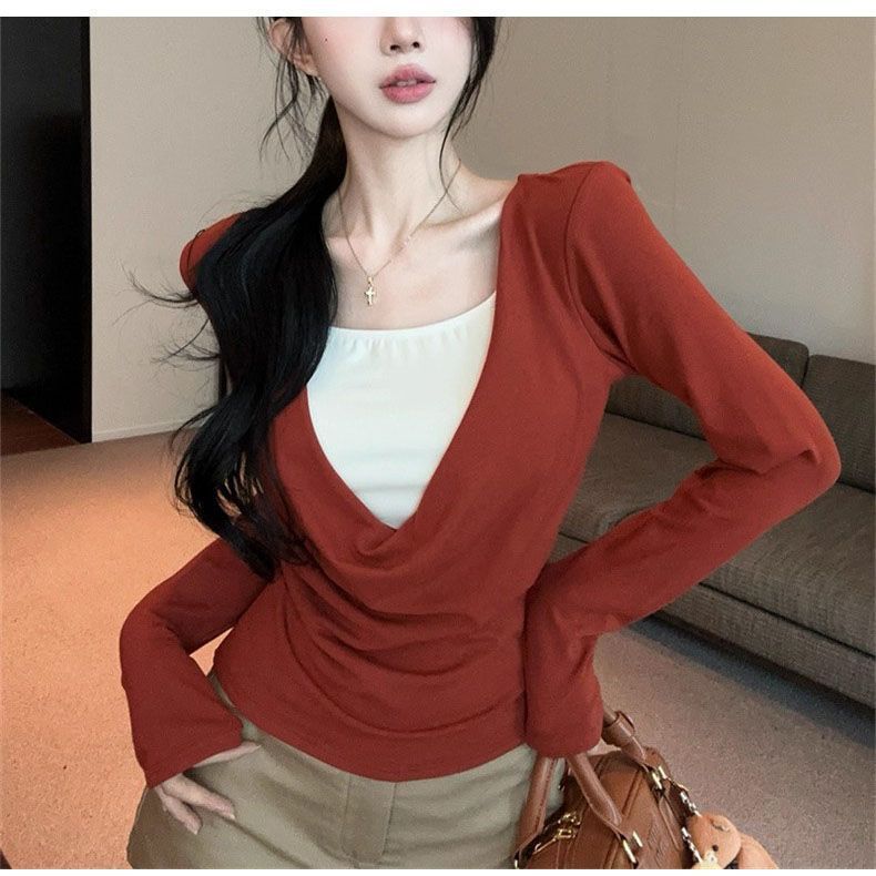 Cross-Border Wholesale Korean-Style Design Beaded Backless Faux Two-Piece Ruffled Collar Blouse New Slim-Fit Long-Sleeve Top