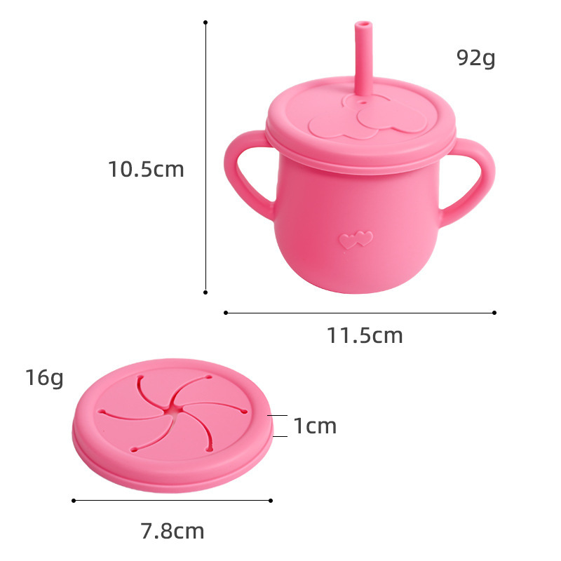 Vaso de aprendizaje para bebés con doble asa, vajilla para niños, vaso con pajita de silicona, vaso para refrigerios, vaso para agua con escala, vaso con doble tapa