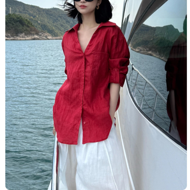 Red Resort-Style Linen Shirt for Women, New Spring and Summer Style, Lazy and Relaxed Casual Design, Niche Sun Protection Shirt