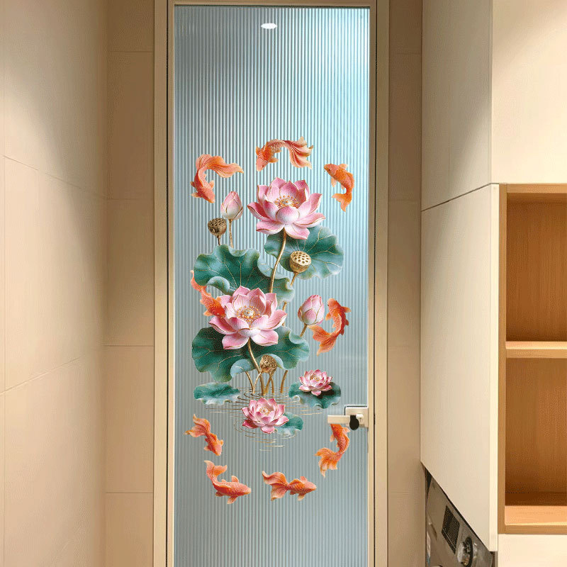 White Jade Koi Fish Lotus Glass Sticker for Kitchen and Bathroom, Anti-Energy Sticker for Toilet Door, Housewarming Decoration White Jade Koi Fish Lotus Glass Sticker for Kitchen and Bathroom, Anti-Energy Sticker for Toilet Door, Housewarming Decoration