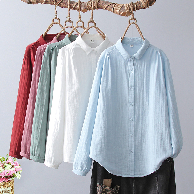 Pure Cotton Double-layer Cotton Yarn Long-sleeved Shirt Women's Basic All-match Artistic Small Point Collar Soft Skin-friendly Baby Cotton Top Pure Cotton Double-layer Cotton Yarn Long-sleeved Shirt Women's Basic All-match Artistic Small Point Collar Soft Skin-friendly Baby Cotton Top