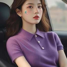气质感polo领紫色短袖t恤女设计感超好看别致绝美针织衫上衣