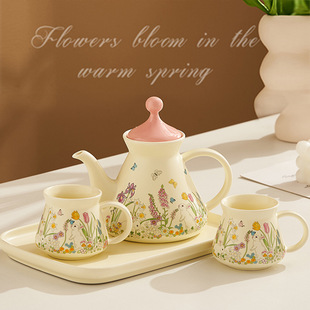 French Flower Series Ceramic Kettle Hand Gift Small Fresh Coffee Cup Cute Fashionable Tea Set Assembling Tray