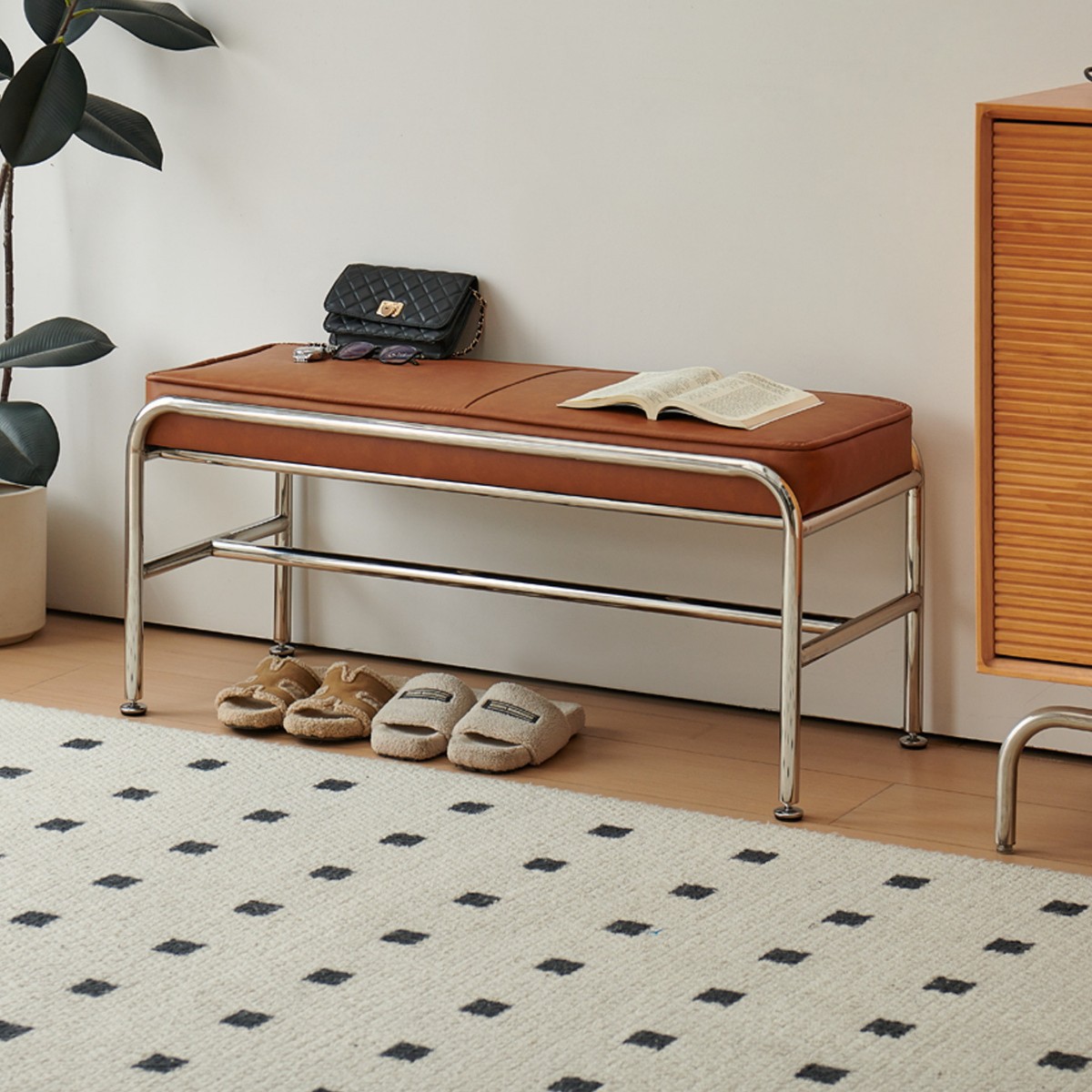 中古风设计师简约家用餐桌不锈钢长条凳设计师款高级感床尾换鞋凳