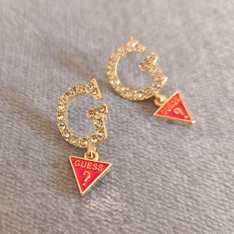 S925 Silver Needle Earrings for Women European and American Letters g Personalized Inlaid Gemstone Inverted Triangle Color Glaze Pendant Earrings