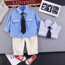 1岁男童宝宝条纹衬衫套装2小童领带两件套3男孩韩版洋气秋装4时尚