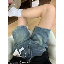 中裤高腰美式梨形身材子胖大码显瘦牛仔五分裤女夏阔腿短裤直筒