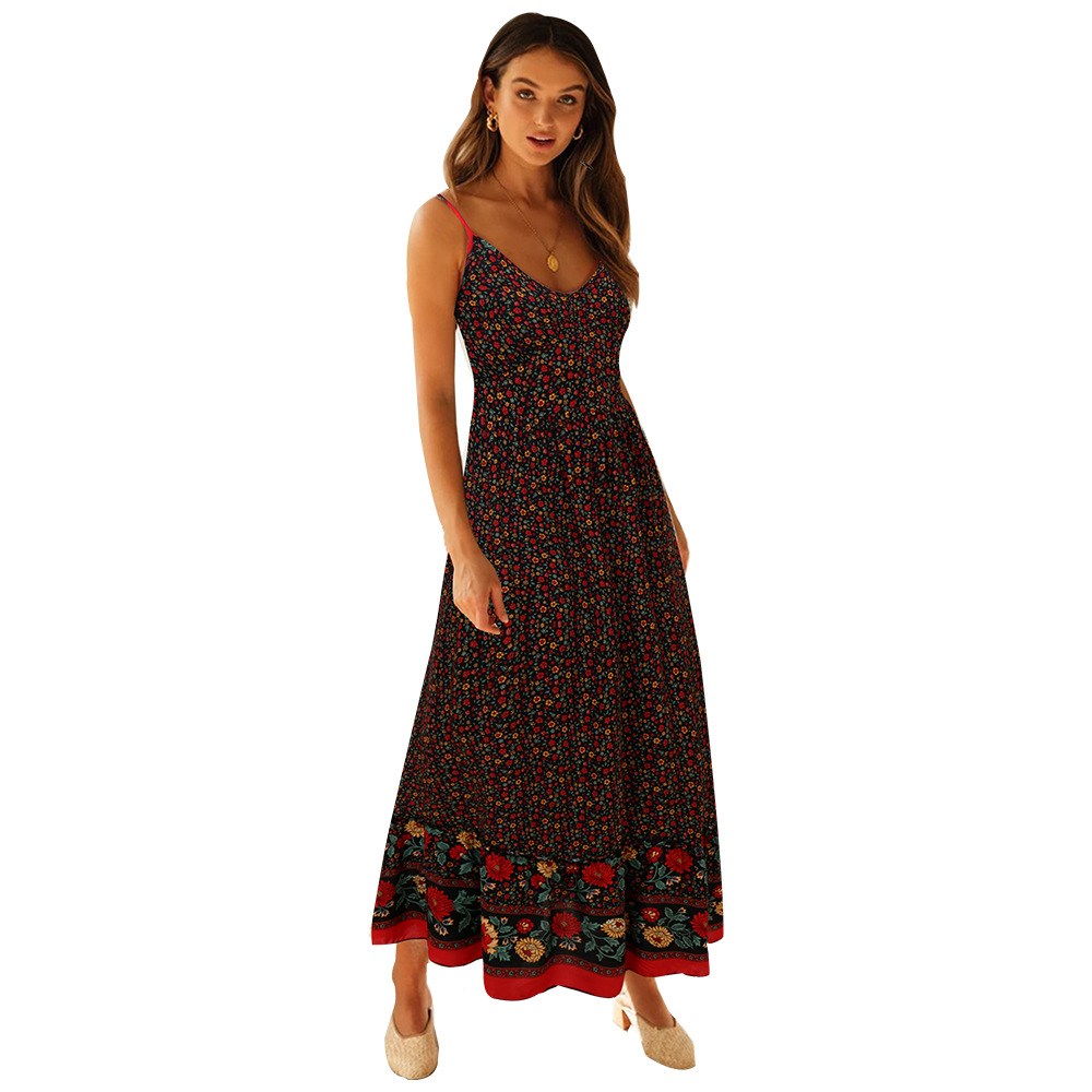 bohemian v-neck low-cut rayon sling floral long dress NSMAN53326