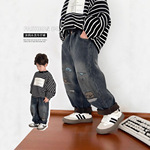 男童加绒牛仔裤秋冬款2025新款儿童洋气涂鸦加厚长裤湖州织里童装