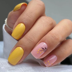 Mid-to-long length European square ginger jump gold flower beautiful nail art yellow system whitening wearable nail polish detachable nail plate
