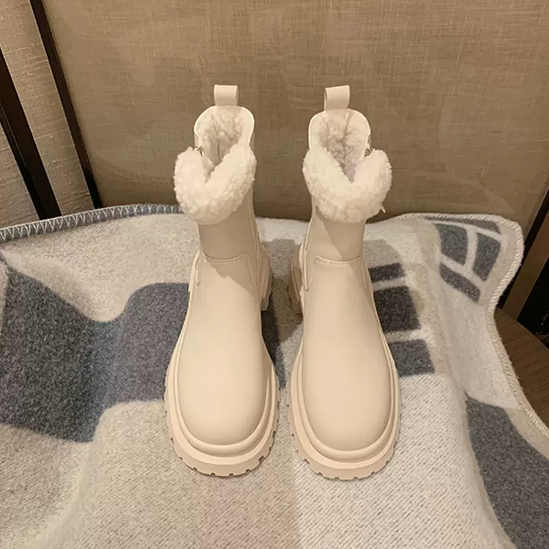 冬季新款厚底侧拉链羊羔毛毛雪地靴加厚绒粗跟厚底马丁靴