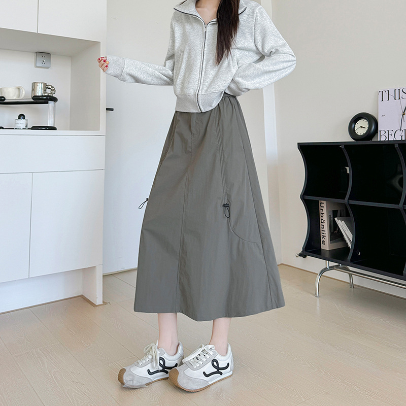 美式抽绳工装裙女春秋新款高腰显瘦垂坠感a字裙休闲小个子半身裙|undefined