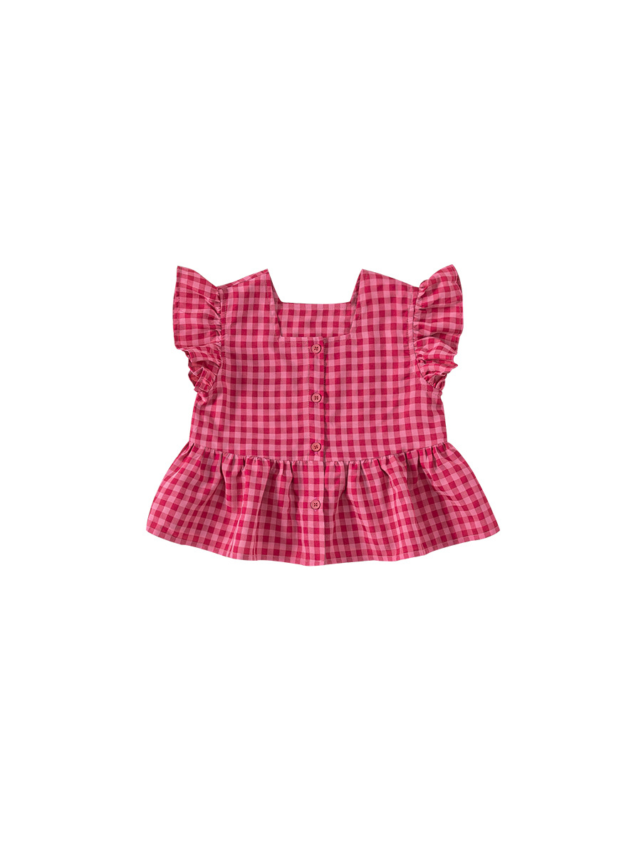 Youbao ropa para niños verano nuevo estilo coreano cuello cuadrado camisa de bebé blusa de encaje para niños niña pequeña camisa a cuadros con mangas voladoras
