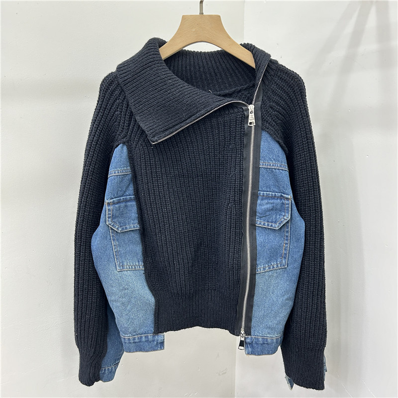 Chaqueta de Punto con Cuello Alto de Mezclilla con Cremallera