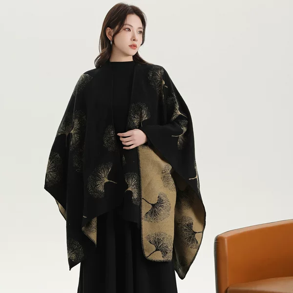 New Women's Shawl Fashion Ginkgo Leaf Pattern Large Shawl Western Travel Photo Wing Cold-proof Cloak