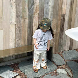 夏季狗狗印花两件套~中小童纯棉短袖T恤男女童直筒松紧长裤套装