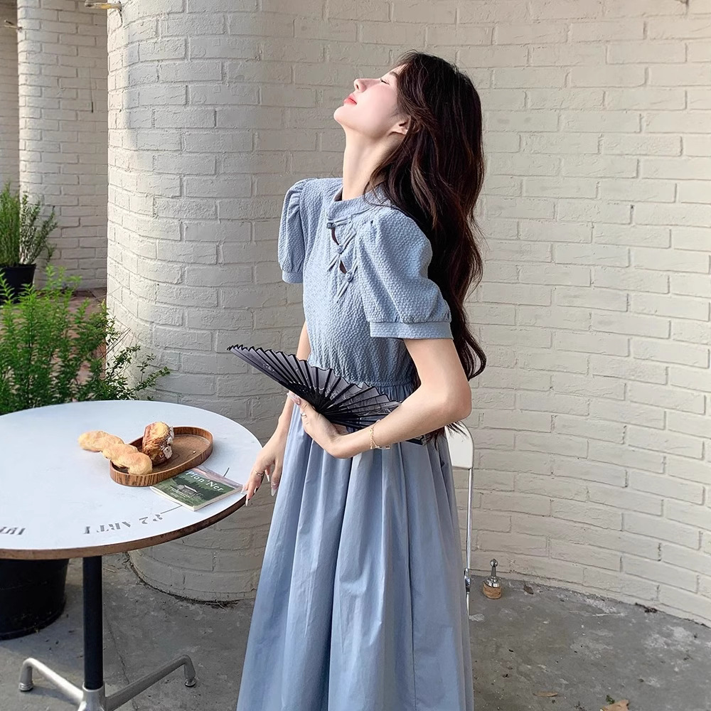 Blue Chinese Style For Women, Summer 2025 New Model, Improved Cheongsam, Elegant And Slimming Long A-line Dress_ecoleips.com
