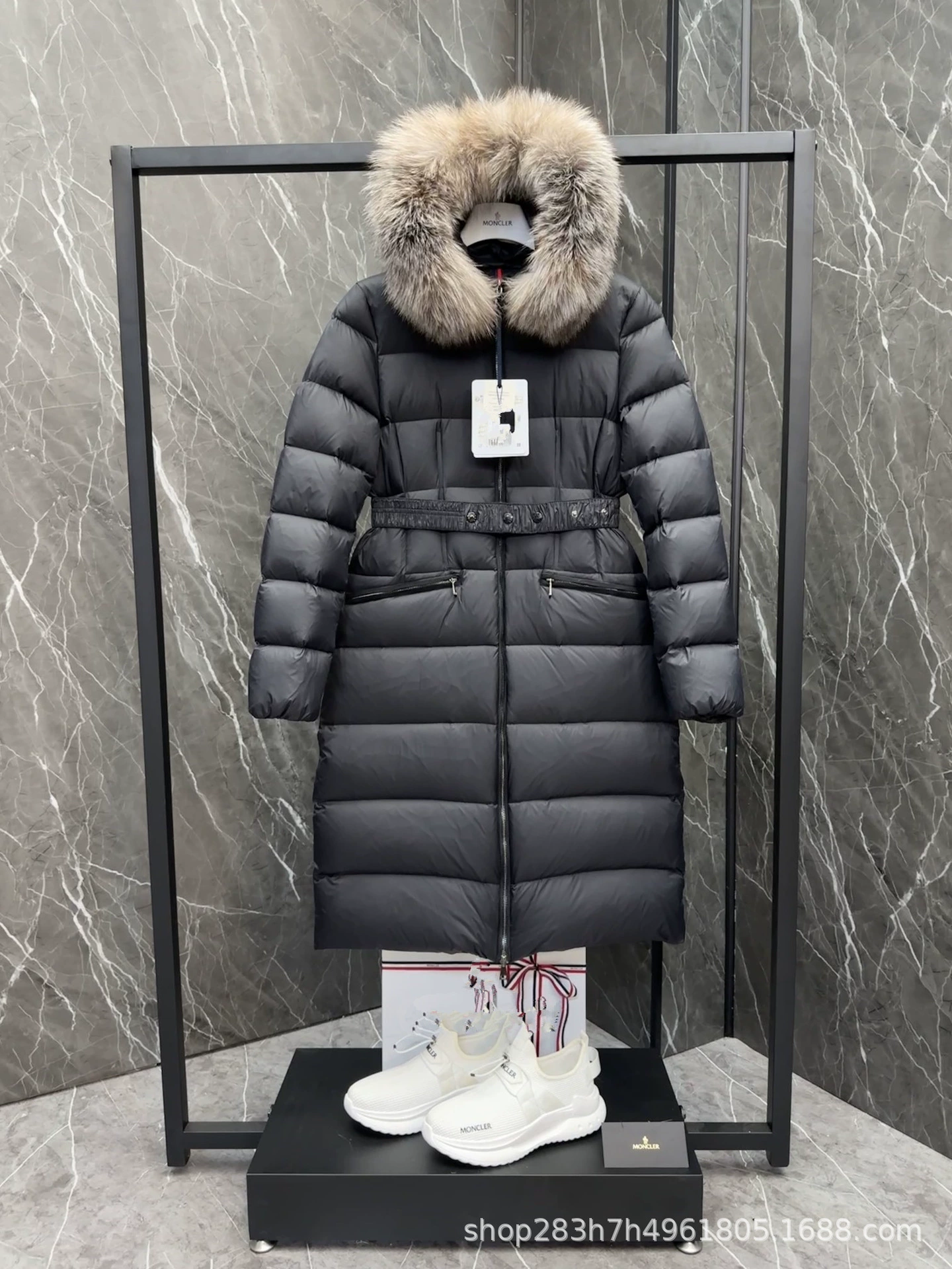 Down jacket, long fitted hoody, belt, mid-length