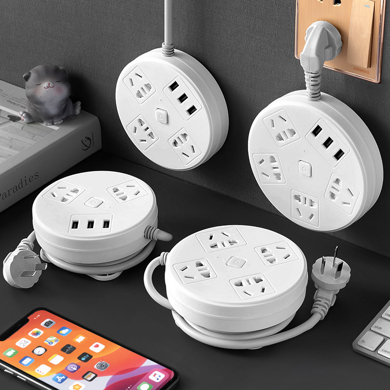 外贸越南菲律宾圆孔可收纳插线板带USB排插多功能带线多用插座