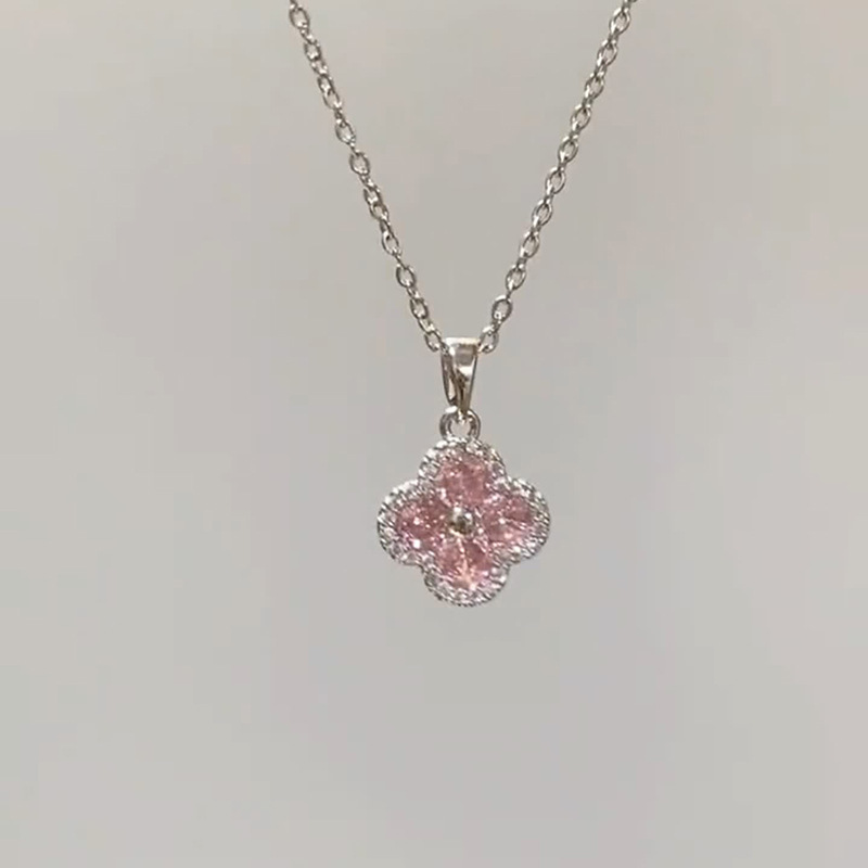 粉色四叶草项链饰品女轻奢小众高级感爆闪锆石气质花朵吊坠锁骨链|undefined