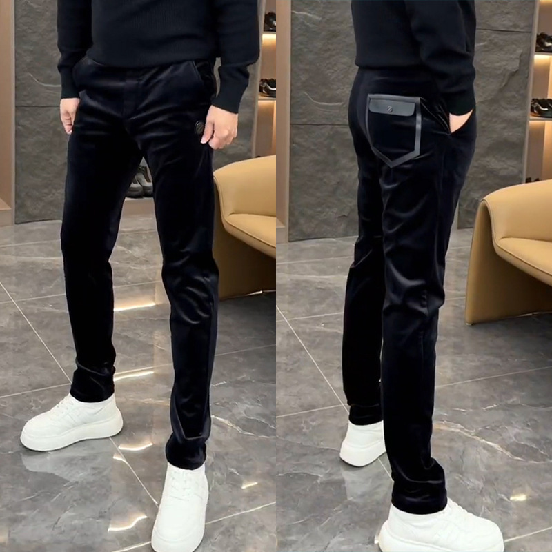 Winter men's popular high-end velvet stretch casual pants fashionable Korean style versatile slim-fit solid color straight pants