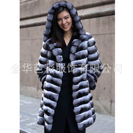 欧美新品仿皮草外套女中长款连帽亮银色名媛跨境热卖仿栗鼠毛外套