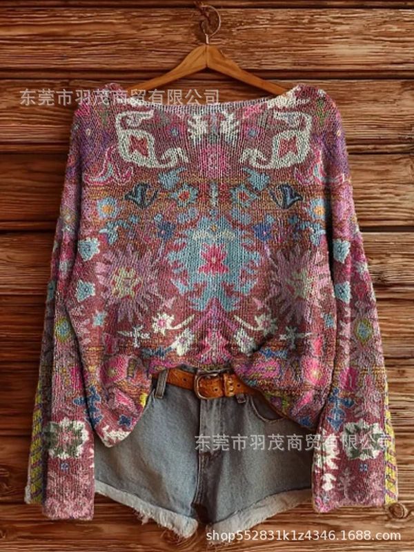 独立站新款高领卫衣仿毛衣 秋冬季碎花圆领宽松毛衣2|undefined