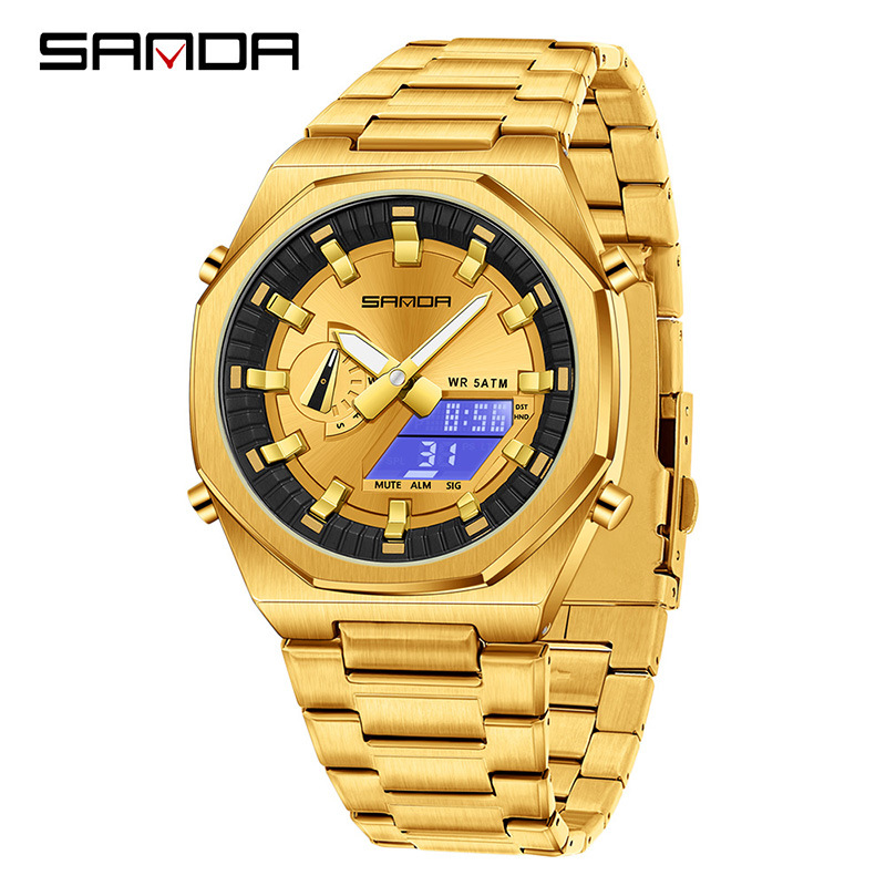 SANDA SANDA reloj electrónico sincronizado doble pantalla multifuncional reloj de hombre octogonal cuenta atrás reloj de pulsera de luz nocturna 3376