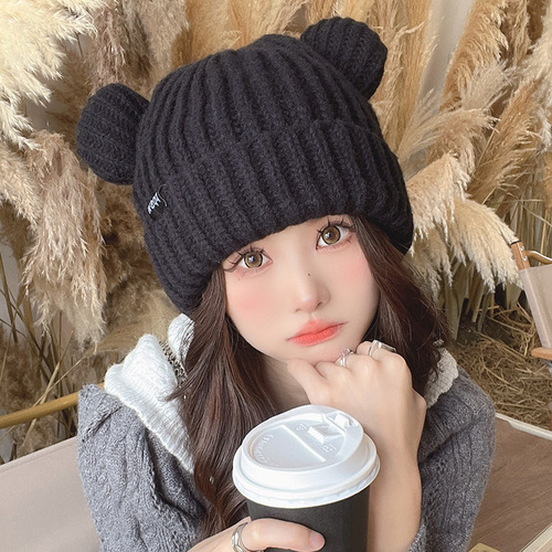 Cat ears autumn and winter knitted hat for women warm thickened cute hat Japanese winter fashion women's woolen hat wholesale