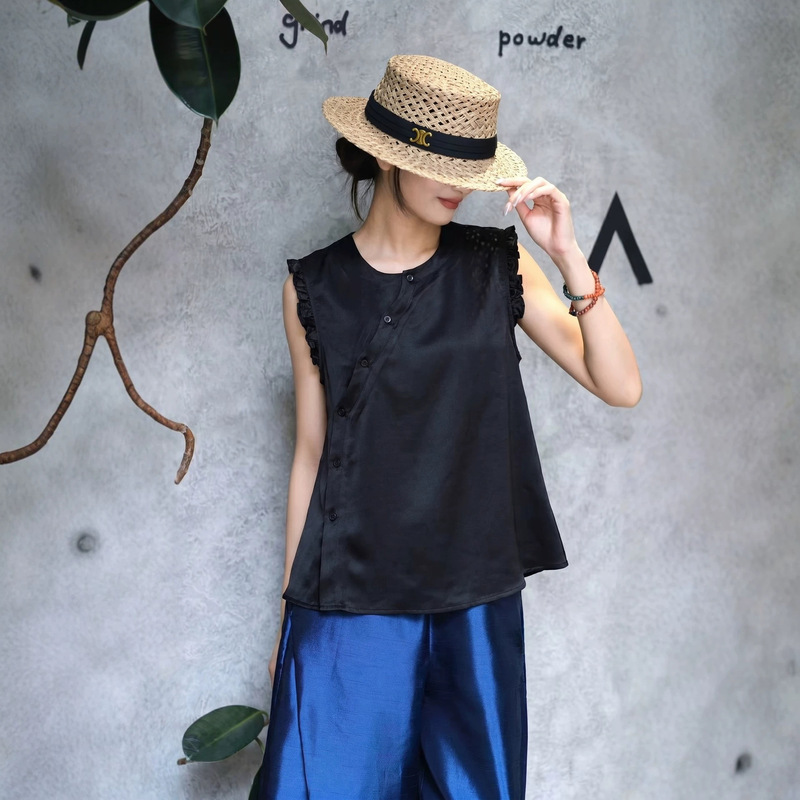Shenzhen Nanyou Women's New Chinese-Style Silk Velvet Back-Gathered Sleeveless Top, Age-Reducing Fashion Slimming Shirt for Women