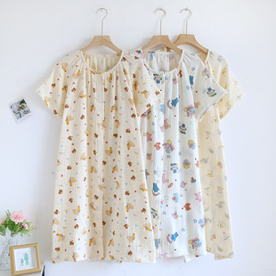 Cartoon girl summer short sleeve cardigan nightgown cotton gauze cute summer loose home skirt factory wholesale