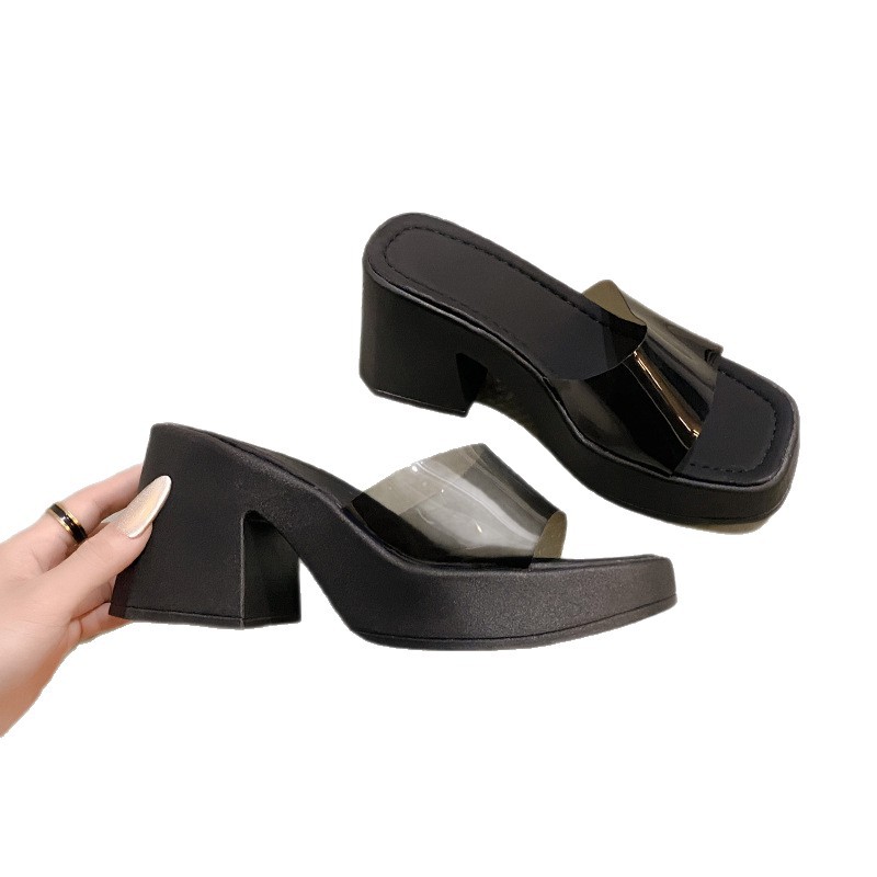European Style Women's Shoes 2024 New Fashion Transparent One-Strap Sandals Thick Sole Waterproof Platform Square Toe_vogvips.com