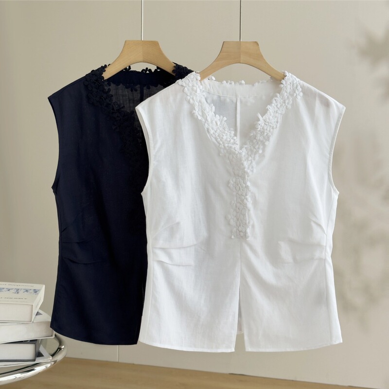 V-Neck Three-Dimensional Floral Tencel Linen Sleeveless Shirt for Women, Summer Versatile Waist-Cinching Slimming Blouse, White Top
