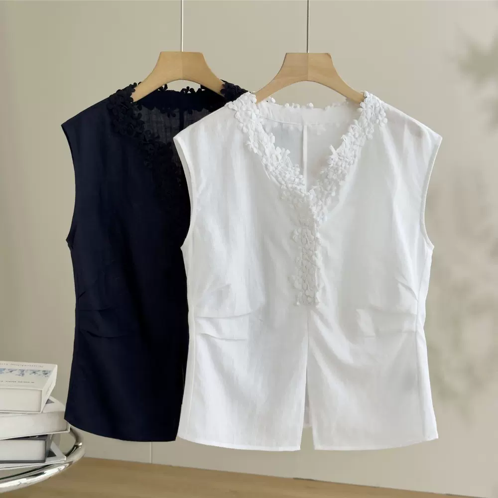 V领立体花朵天丝亚麻无袖衬衫女夏季百搭收腰显瘦小衫白色上衣