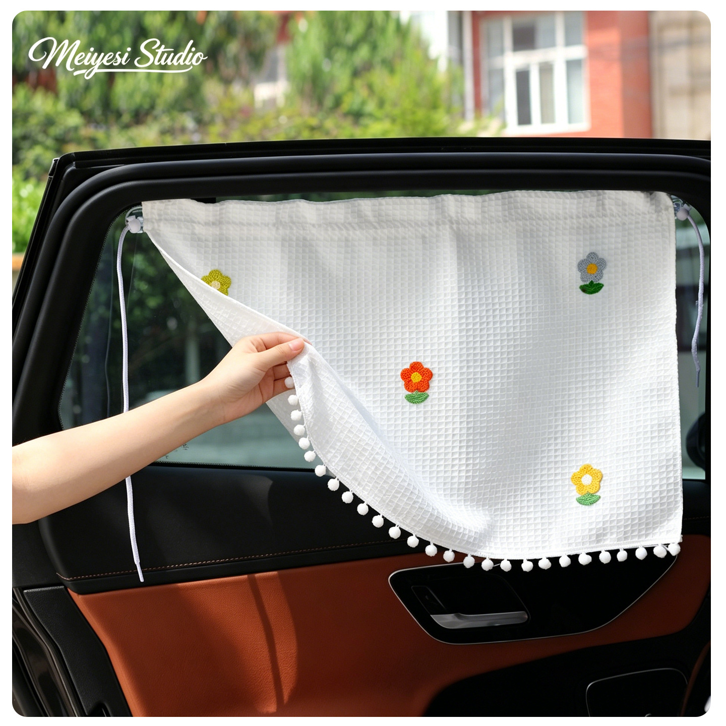 Car sunshade waffle curtain with suction cup attachment, cherry pattern, cartoon sun-blocking and heat-insulating car curtain