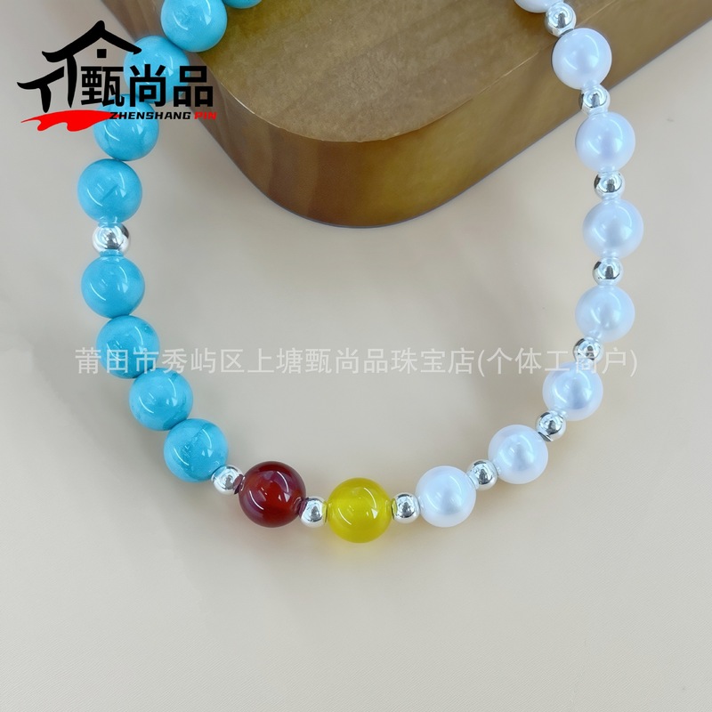 强光近圆珍珠松石玛瑙手串个性潮流纯银小珠子diy手链手饰品批发|undefined