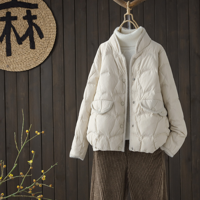 Cross-Border Autumn and Winter New Style Mink Fur Spliced down Jacket for Women, Artistic Retro Diamond Pattern White Duck down Lightweight Warm Coat
