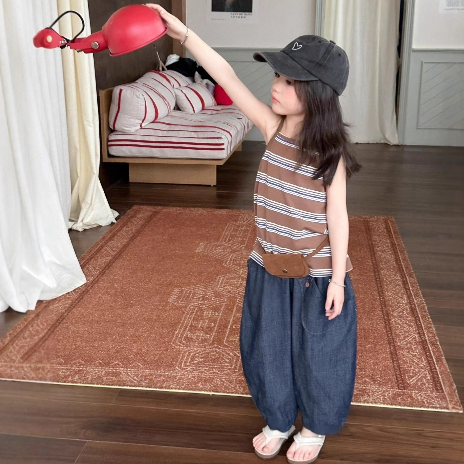 South Korea Children's Wear Girl's Striped Vest 2025 Summer New Children's Loose Contrast Casual Western Style Top for Foreign Trade