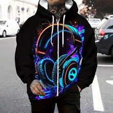 男士长袖拉链运动卫衣，夜光耳机印花连帽衫，客厅休闲装，黑色亮