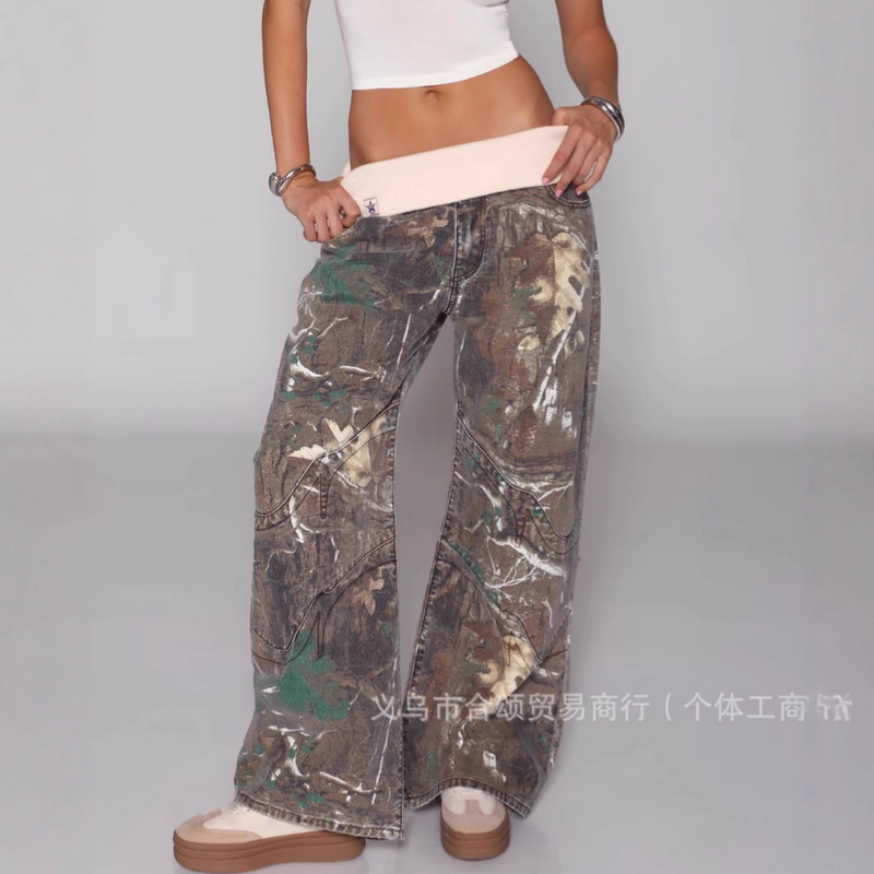 Cross-Border Aliexpress Tk Hot-Selling Washed Camouflage Pants with Branch Design, Low-Waist Jeans with Reversible Waistband Design, European and American Style