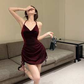 跨境夏季新款心机纯欲辣妹抽绳细带修腰吊带荡领露背包臀连衣裙女