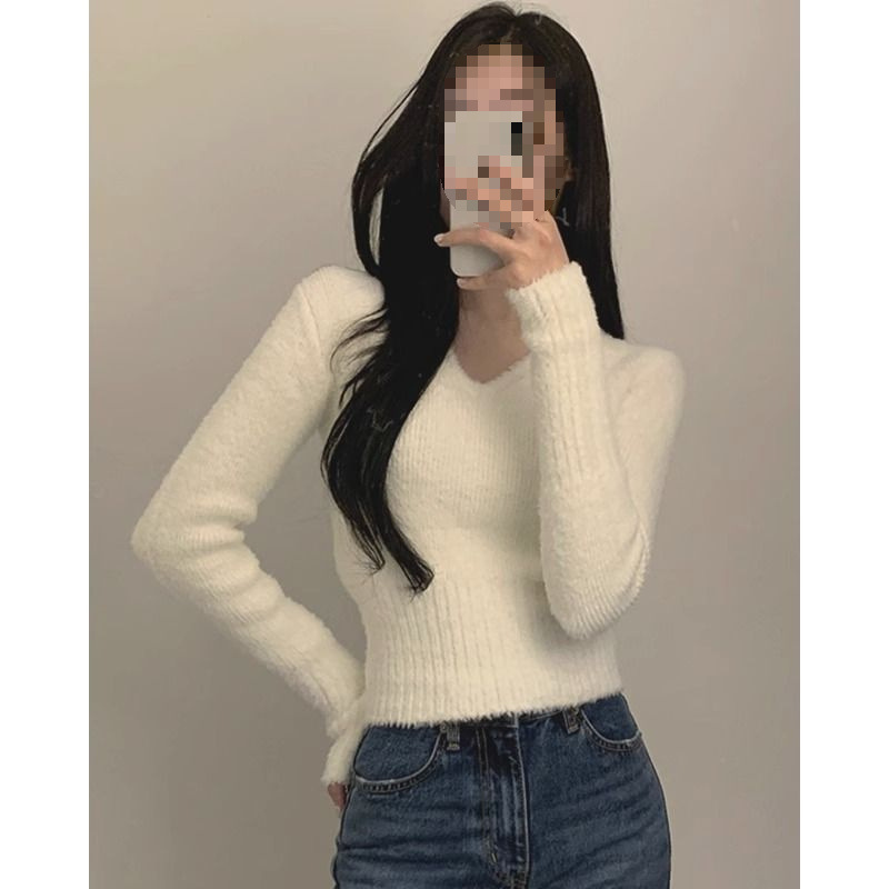 软糯V领打底针织衫女秋冬洋气内搭毛衣高级感修身收腰加厚上衣春