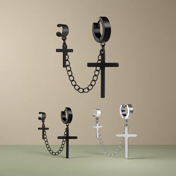 Cross-Border Popular Stainless Steel Earrings with Various Styles, Tassel Chains, Double Cross Design, Trendy Personality Earrings for Men and Women
