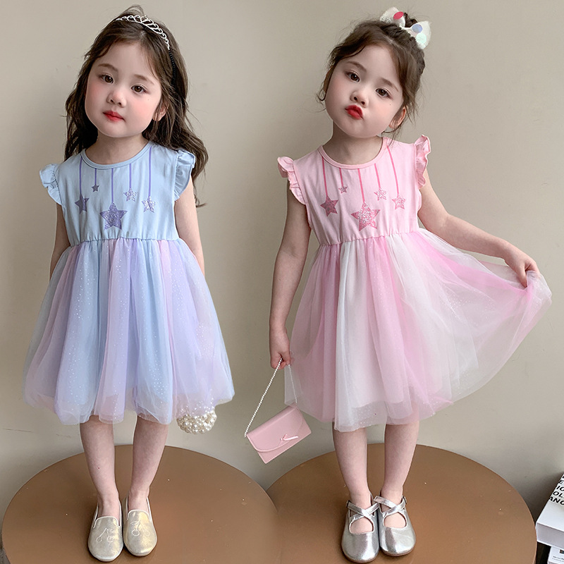 Girls Star Dress Summer 2025 New Mesh Skirt Baby Girl Summer Dress Children Little Girl Princess Dress