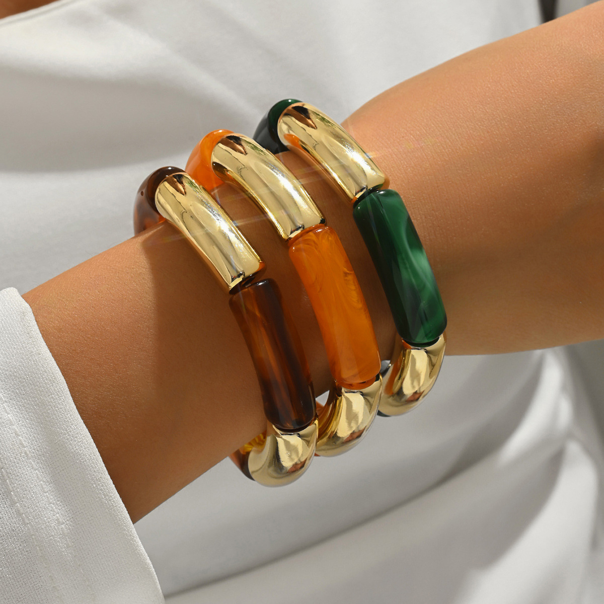 Nuevos productos transfronterizos retro europeos y estadounidenses de bambú tubo acrílico cuentas pulsera de cuerda elástica multicapa para mujeres 3 piezas de brazalete image 5