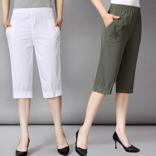 Middle-aged Women's Pants Summer Thin Capri Pants New High Waist Cotton Casual Shorts Loose plus size Mom Pants